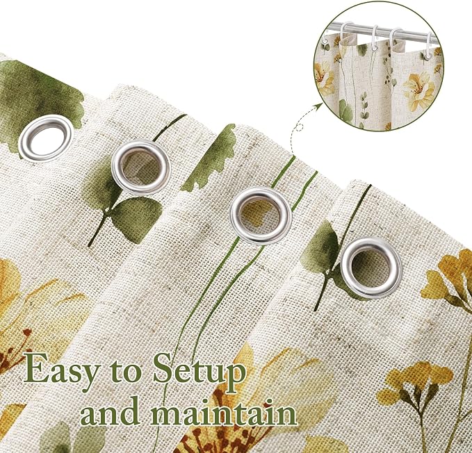 OliveGreen Linen Watercolor Floral Fabric Shower Curtain, 72x72 | Linen Fabric, Modern Minimalist Floral Print, Machine Washable, Rustproof Grommets, for Bathroom Home