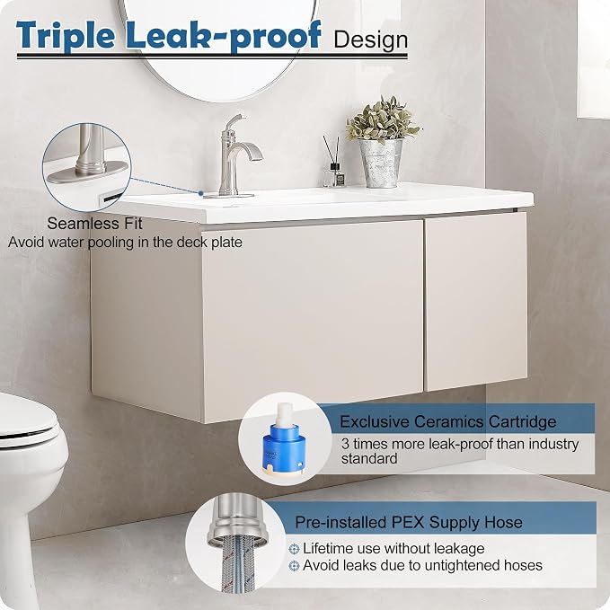 Brass Waterfall Bathroom Faucets Brushed Nickel Single Handle Bathroom Faucet 3 Hole or 1 Hole, 4 Inch Bathroom Sink Faucet, Bathroom Vanity Faucet with Drain Deck Plate No Peeling Paint