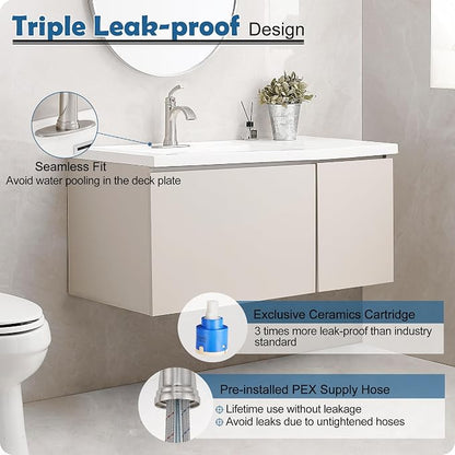 Brass Waterfall Bathroom Faucets Brushed Nickel Single Handle Bathroom Faucet 3 Hole or 1 Hole, 4 Inch Bathroom Sink Faucet, Bathroom Vanity Faucet with Drain Deck Plate No Peeling Paint