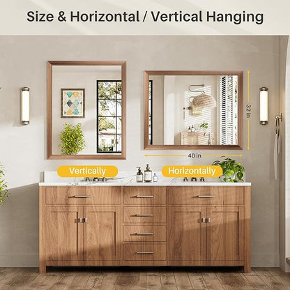 40x32 Inch Bathroom Mirror for Wall, Anti-Rust Walnut Wood Grain Metal Framed Bathroom Mirrors for Over Sink,Rectangler Mirrors for Bathroom Vanity, Farmhouse, Bedroom, Living Room, Entryway Decor