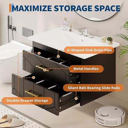 IDEALHOUSE Floating Bathroom Vanity with Sink 30 inch, Modern Bathroom Sink Cabinet, Ceramic Vanity Top, 2 Large Storage Drawers with Gold Metal Handle, Easy to Assembly, Black