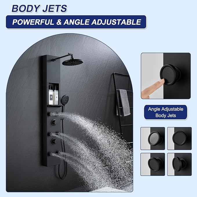 ROVATE Shower Panel Tower System with Shelf & 6 Body Jets, Matte Black | Stainless Steel Shower Column with Height Adjustable Shower Arm, Self-Cleaning Rainfall Shower & Handheld, Mixing Valve Body