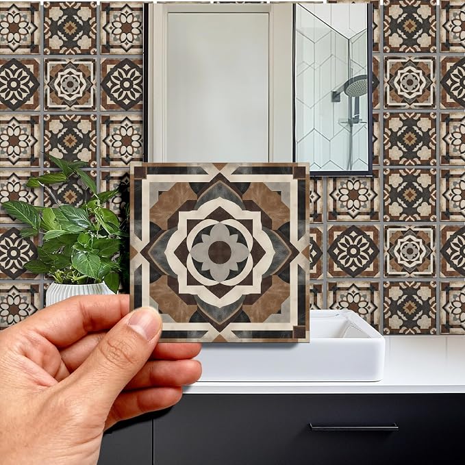 36 Pcs 4 Style Tile Stickers Brown Patterns Peel and Stick Black Patterns Wall Tile Stickers Waterproof Self Adhesive Geometric Stick on Tiles Decals for Kitchen Wall Art Decor, 4×4 Inch
