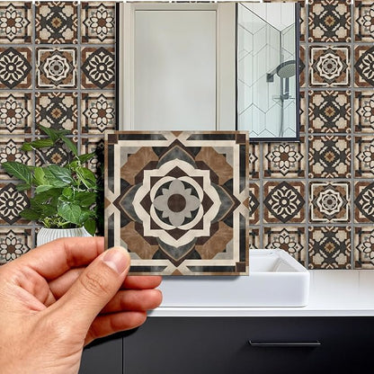 36 Pcs 4 Style Tile Stickers Brown Patterns Peel and Stick Black Patterns Wall Tile Stickers Waterproof Self Adhesive Geometric Stick on Tiles Decals for Kitchen Wall Art Decor, 4×4 Inch
