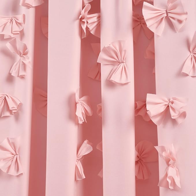 Lush Decor Riley Light Filtering Window Curtain Panel, Single 54" W x 84" L, Pink - Cute Pink Curtains for Bedroom - Bow Decor - Coquette Curtains for Windows