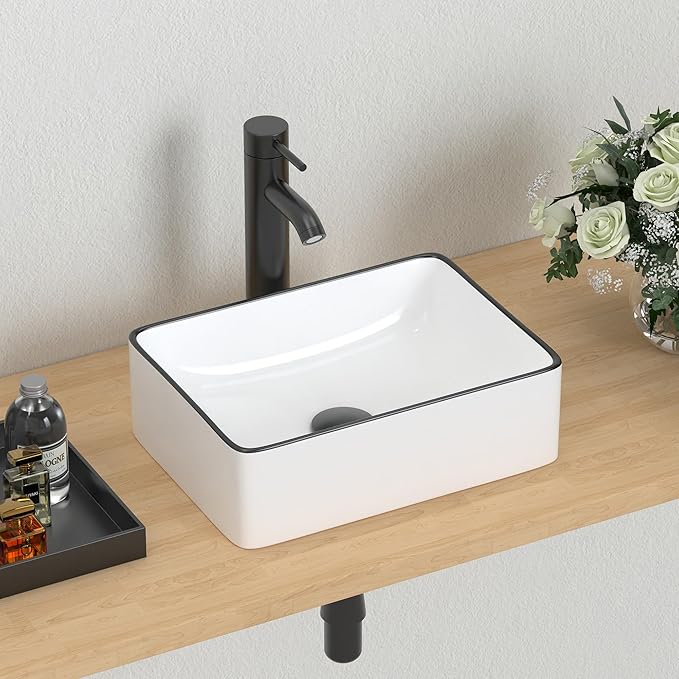 J-FAMILY 14.5'' x 10.6'' Small Vessel Sink Bathroom Above Counter White Porcelain Ceramic Rectangular Sink Bowl Black Trim Decoration Small Vanity Sink Lavatory Wash Basin