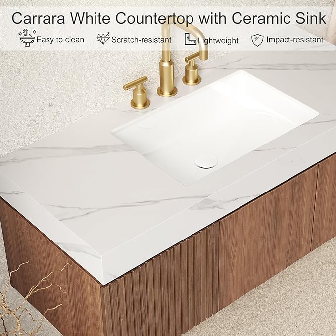 48" Floating Bathroom Vanity with Sink, Modern Plywood Bathroom Vanities with Drawer and Doors, Carrara White Sintered Stone Top and 3 Pre-drilled Faucet Holes Ceramic Basin, Pre-Assembled, Dark Oak