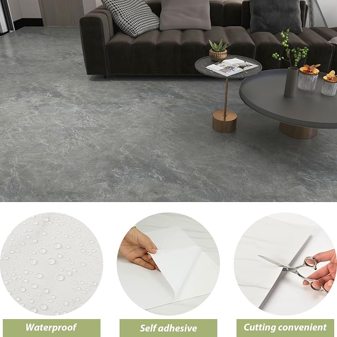 Lareko 60Sq.Ft Grey Marble Peel and Stick Vinyl Floor Tiles,60 Tiles - 12" x 12",Waterfproof and Self Adhesive Vinyl Sticker Tiles,Laminate Flooring for for Kichen,Bathroom,Dining Room(Dark Grey)