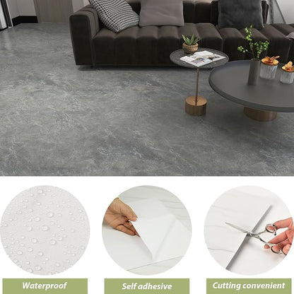Lareko 60Sq.Ft Grey Marble Peel and Stick Vinyl Floor Tiles,60 Tiles - 12" x 12",Waterfproof and Self Adhesive Vinyl Sticker Tiles,Laminate Flooring for for Kichen,Bathroom,Dining Room(Dark Grey)