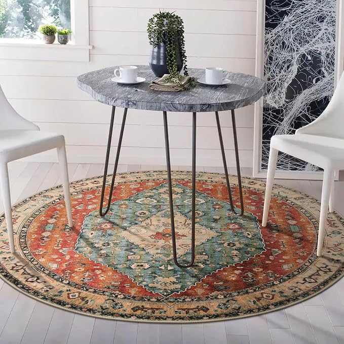 Lahome Boho Tribal Round Rug 4ft Washable Bedroom Round Area Rugs for Entryway, Soft Living Room Circular Rugs, Oriental Non-Slip Foyer Throw Mat Carpet for Nursery Kitchen (Rust/Dull Teal,4ft-Round)