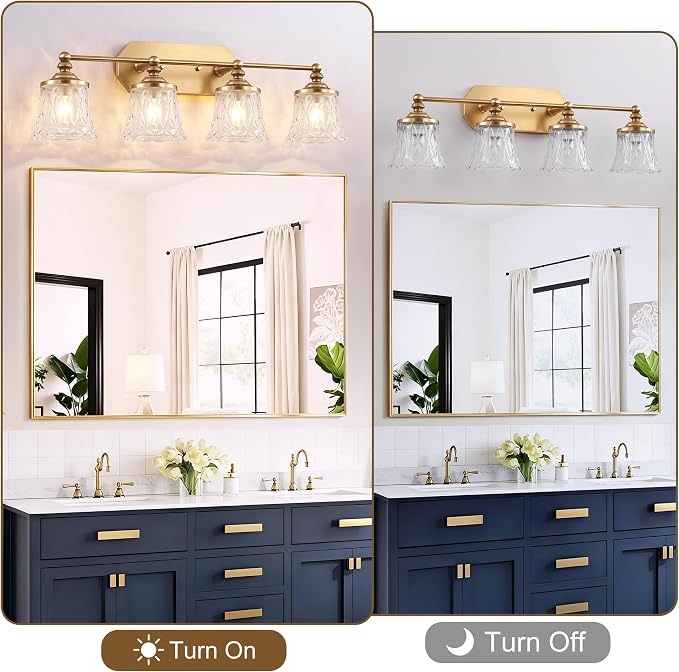 Vintage 4-Light Gold Bathroom Vanity Light, Crystal Glass Shade | Antique Style, Brushed Gold Finish, Rust-resistant Metal, E26 Base, Over Mirror Wall Lighting for Bathroom Restroom
