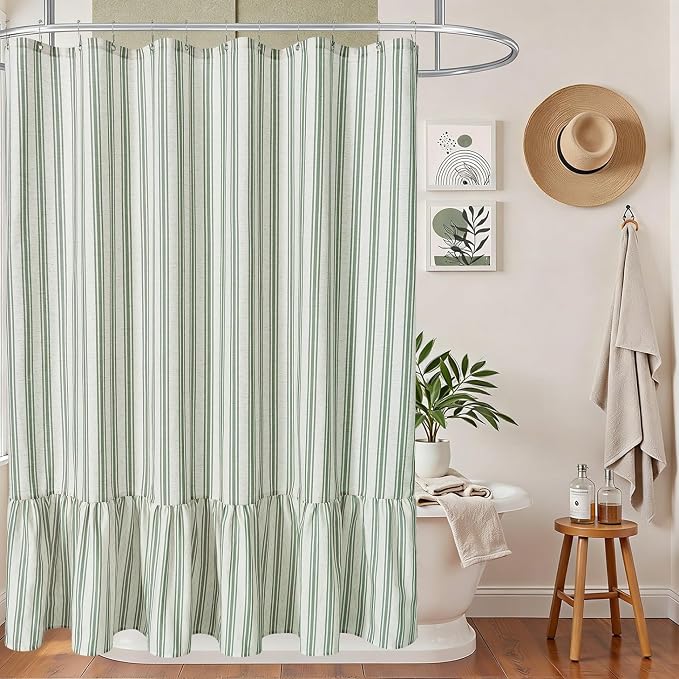 ORTIGIA Linen Textured Ruffle Shower Curtain 72x72 Inch with Metal Hooks, Vintage Cream-Green Waterproof Bath Curtain for Rustic Farmhouse Bathroom Decor