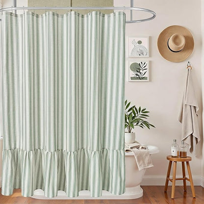 ORTIGIA Linen Textured Ruffle Shower Curtain 72x72 Inch with Metal Hooks, Vintage Cream-Green Waterproof Bath Curtain for Rustic Farmhouse Bathroom Decor