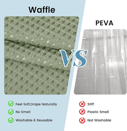 SORTTO No Hook Shower Curtain with Snap in Liner Set Waffle Shower Curtain for Bathroom Hotel Style Fabric Waterproof Inner Liner，71" W x 74" H, Sage Green