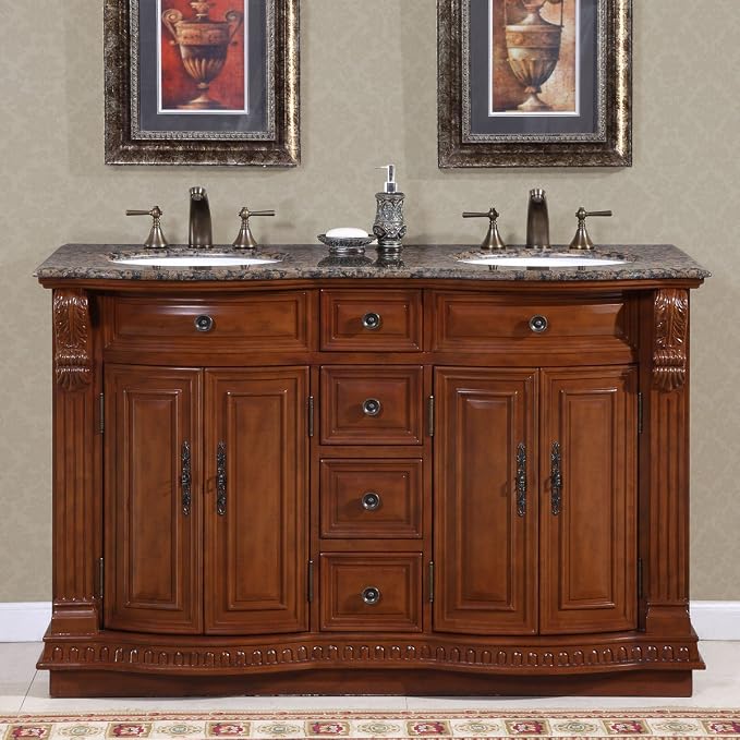 HYP-0223-BB-UWC-55 Granite Stone Top Double White Sink Bathroom Vanity with Furniture Cabinet, 55", Medium Wood
