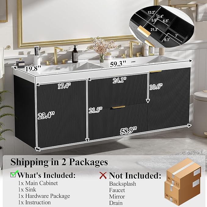 60" Bathroom Vanity with Sink Combo, Floating Double Sink Bathroom Vanity with SMC Resin Top, MDF Cabinet with Solid Wood Frame, Wall-Mounted Bath Room Vanities for Large Bathrooms(Black)