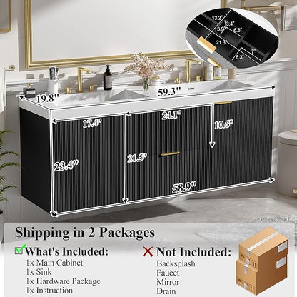 60" Bathroom Vanity with Sink Combo, Floating Double Sink Bathroom Vanity with SMC Resin Top, MDF Cabinet with Solid Wood Frame, Wall-Mounted Bath Room Vanities for Large Bathrooms(Black)