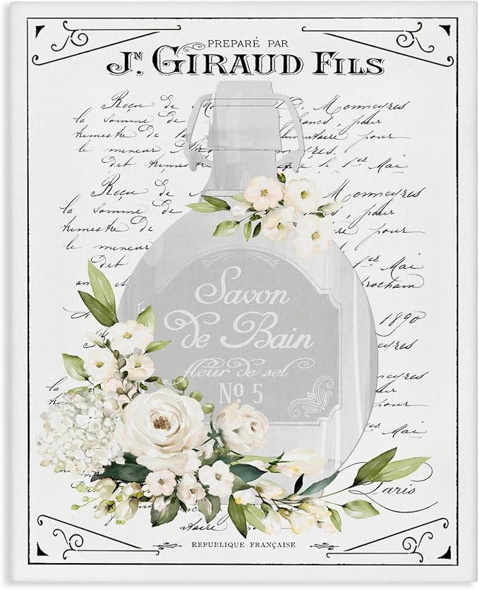 French White Bath Soap Floral, 24 x 30 Inch Canvas Wall Art | Stupell Industries · By Lettered and Lined · Ready to hang · Elegant bath and laundry decor · Made in USA
