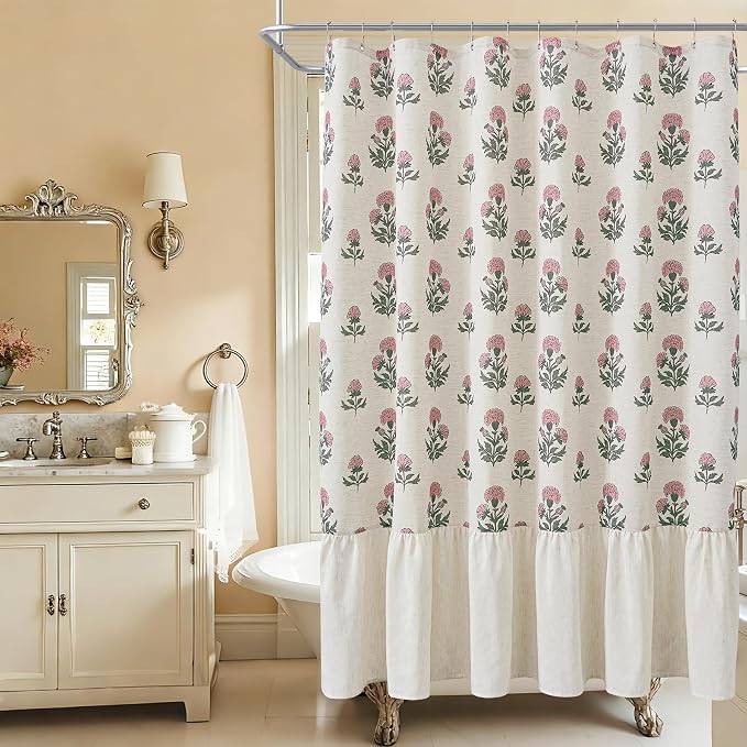 ORTIGIA Linen Textured Ruffle Shower Curtain with Metal Hooks, Vintage Pink Floral Block Print Boho Waterproof Bath Curtain for Rustic Farmhouse Bathroom Decor 72x72 Inch