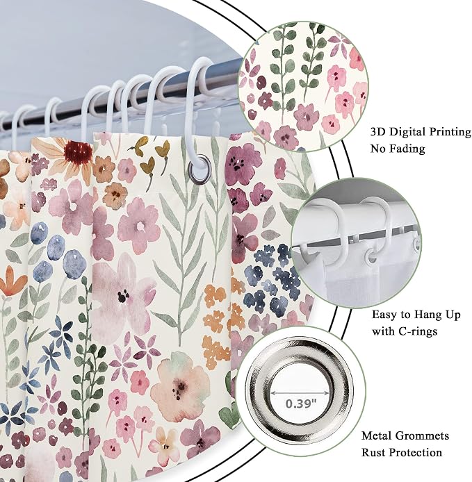 Small Stall Half Narrow Single Stand Up Cute Bathroom Shower Curtain Set | 36"W x 72"H Girly Boho; waterproof HD print, quick-dry fabric with 12 hooks for easy hanging.