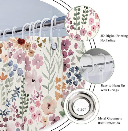 Small Stall Half Narrow Single Stand Up Cute Bathroom Shower Curtain Set | 36"W x 72"H Girly Boho; waterproof HD print, quick-dry fabric with 12 hooks for easy hanging.