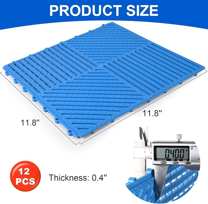 Modular Interlocking Cushion 12 Pack 11.8" x 11.8" Rubber Floor Tiles Non-Slip Splicing Drainage Mats for Deck, Pool, Shower, Patio, Balcony, Bathroom, Kitchen, Yard (Diagonal, Blue)
