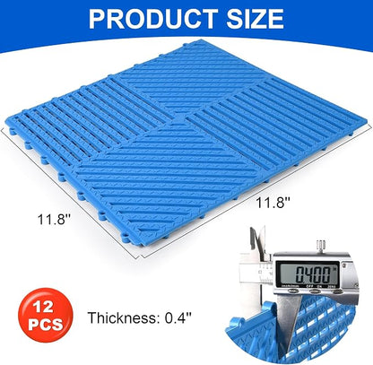 Modular Interlocking Cushion 12 Pack 11.8" x 11.8" Rubber Floor Tiles Non-Slip Splicing Drainage Mats for Deck, Pool, Shower, Patio, Balcony, Bathroom, Kitchen, Yard (Diagonal, Blue)