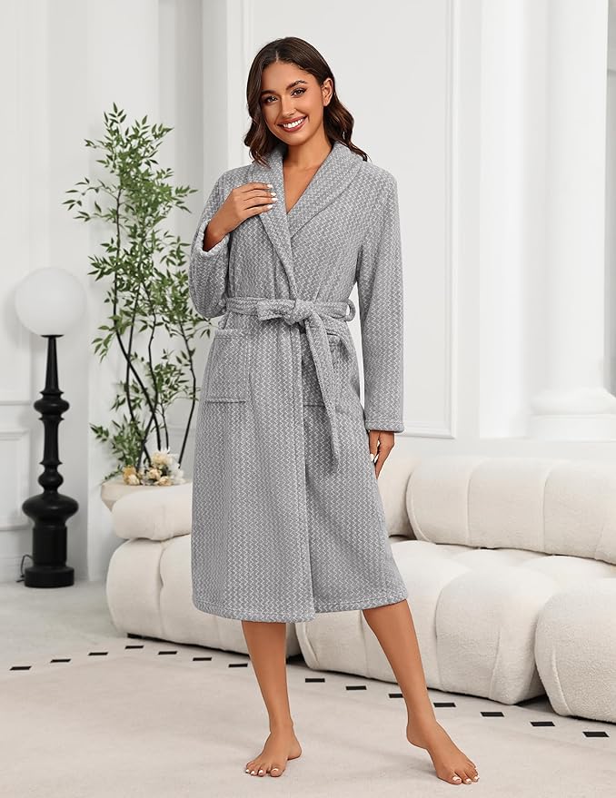 Ekouaer Women's Robe Long Plush Soft Bathrobe Cozy Warm Robes Shawl Collar Sleepwear with Pockets