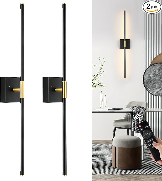 Morauroral 36 Inch Battery Operated Wall Sconces Set of 2, Dimmable Battery Wall Sconce with Remote Control, Black Gold LED Rechargeable Sconces, Modern Wireless Wall Lights for Bedroom, Living Room