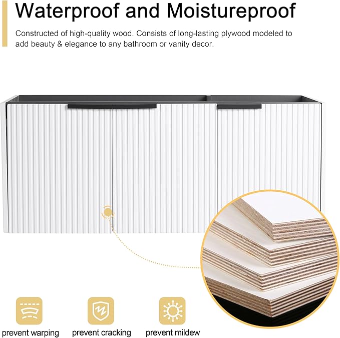 Malwee 48" Floating Bathroom Vanity Without Sink, 48 inch Wall Mounted Bathroom Cabinet, Modern White Cabinet with 3 Soft Close Doors, Basin not Include(MA10348DWH-C)