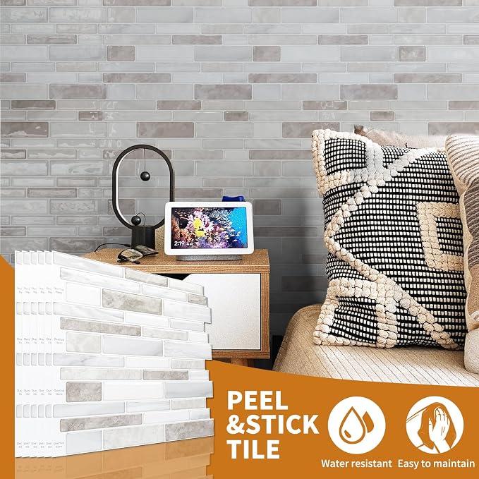 WOWSTAR 10 Sheet Marble Peel and Stick Backsplash for Kitchen,Self-Adhesive Tile Backsplash for Kitchen, Bathroom, 12" x 12", (Beige & White) | Peel and stick backsplash, self-adhesive wall tile, Beige White, marble, waterproof, kitchen bathroom wall, ...