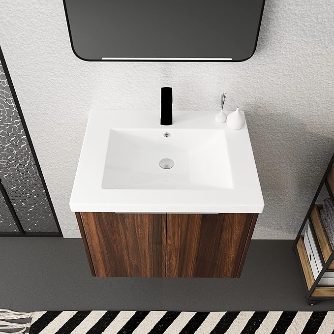Henf 24inch Floating Bathroom Vanity Cabinet with Sink Combo, Modern Wall Mounted Solid Wood Cabinet with White Gel Basin Sink Bathroom Storage Cabinet with 2 Soft Close Doors