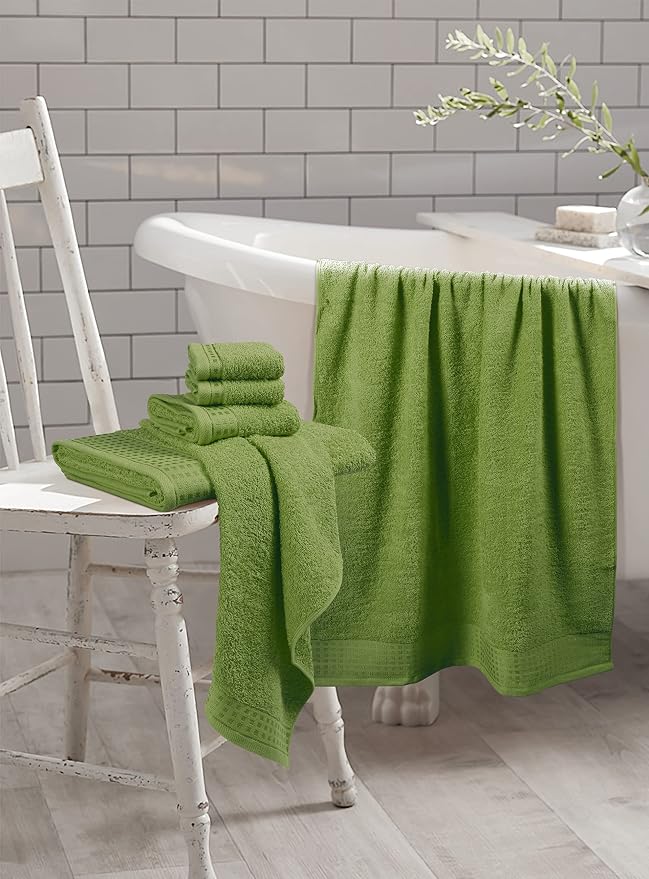 GLAMBURG 100% Cotton Ultra Soft 6 Pack Towel Set, Contains 2 Bath Towels 28x55 Inches, 2 Hand Towels 16x24 Inches & 2 Wash Coths 12x12 Inches, Compact Absorbent Lightweight & Quickdry - Kiwi Green