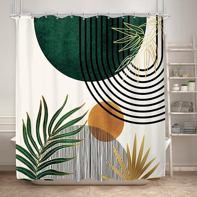 KOMLLEX Mid Century Green Boho Abstract Modern Bathroom Shower Curtain Set | 72Wx72L Plant Botanical design, waterproof HD print with fast-drying fabric and 12 hooks.