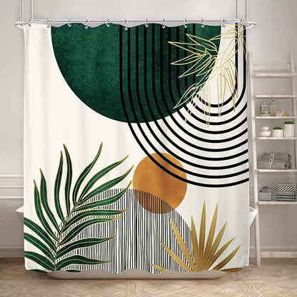 KOMLLEX Mid Century Green Boho Abstract Modern Bathroom Shower Curtain Set | 72Wx72L Plant Botanical design, waterproof HD print with fast-drying fabric and 12 hooks.