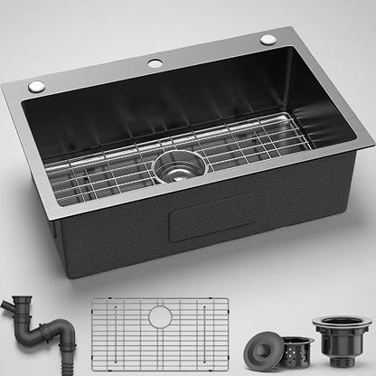 YITAHOME 28x18inch Drop In Black Kitchen Sink with 3 Holes, Top Mount Stainless Steel Nano Gunmetal Black Single Bowl Sink with Grid for Workstation, Prep Kitchen, Bar, 28 x 18 x 9in