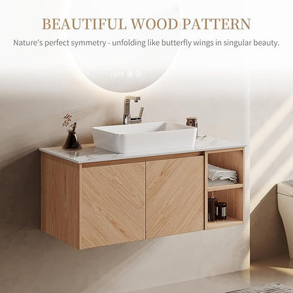 36 Inch Floating Vanity Bathroom with Single Sink, Wall-Mounted Floating Bathroom Cabinet with Sintered Stone Countertop & White Ceramic Basin, Ample Storage and Open Shelves, Light Wood
