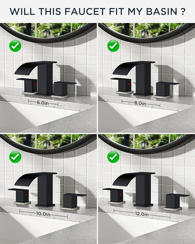 FORIOUS Bathroom Faucet Waterfall 3 Hole 8 Inch Black and Brushed Nickel | Square Bathroom Sink Faucet with Pop-up Drain and 24" Supply Lines, Lead-Free SUS304, Two Handles for Vanity RV Farmhouse