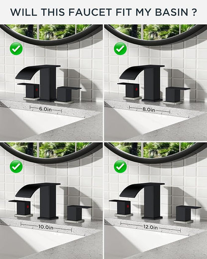 FORIOUS Bathroom Faucet Waterfall 3 Hole 8 Inch Black and Brushed Nickel | Square Bathroom Sink Faucet with Pop-up Drain and 24" Supply Lines, Lead-Free SUS304, Two Handles for Vanity RV Farmhouse