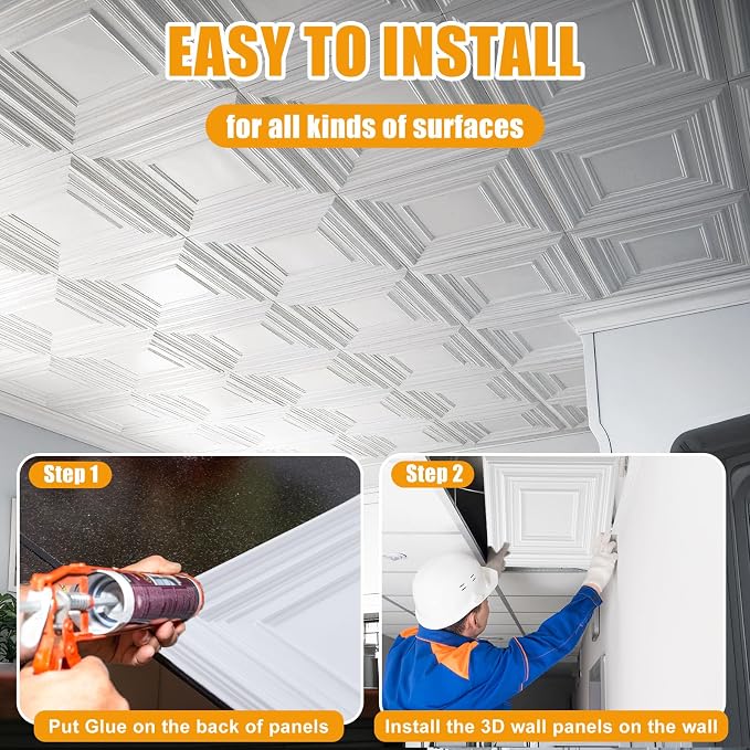 Nuanchu 90 Pcs Drop Ceiling Tiles 12x12 Inch, Glue up PVC Wall Panels,White | Cuttable, Paintable, DIY, Waterproof, 3D Decorative Ceiling Panels for Bathroom Kitchen TV Background Living Room