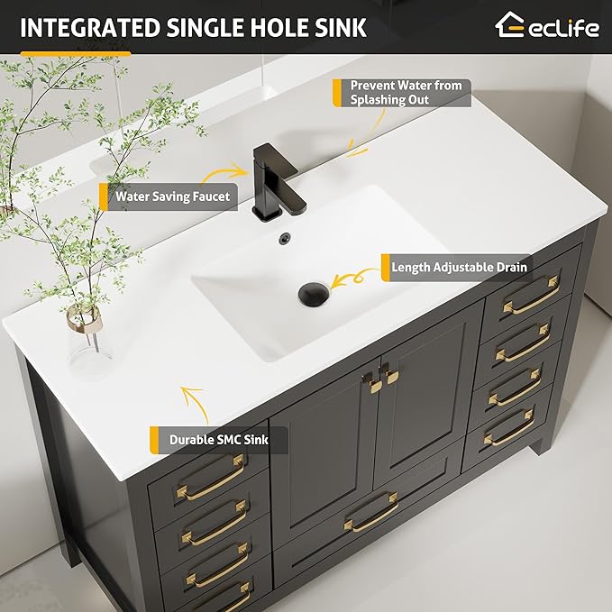 eclife 48" Bathroom Vanities with Sink Combo, Modern Thickened Wood Bathroom Storage Cabinet w/Undermount Single Sink, Matte Black Faucet Drain, Painted Surface, Black