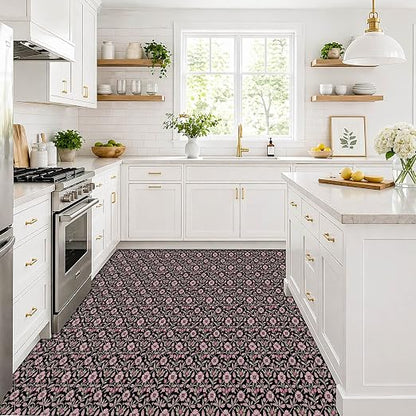 Black Pink Floral Peel and Stick Floor Tiles 12x12 Inch 10PCS | Pink floral vine pattern on a black background vinyl floor stickers for kitchen bathroom entryway and indoor home decor