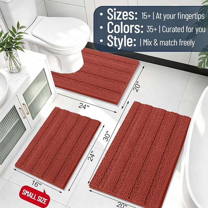 Smiry Thick Small Chenille Bathroom Rugs 24x16, Bath Mat, Rustic Terracotta | Quick‑Dry & Machine Washable, Non‑Slip Bath Carpet, Soft Striped Bath Rugs for Tub & Shower, Modern Home Decor Accessories