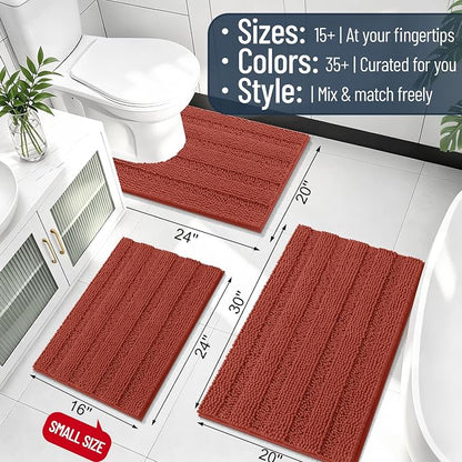 Smiry Thick Small Chenille Bathroom Rugs 24x16, Bath Mat, Rustic Terracotta | Quick‑Dry & Machine Washable, Non‑Slip Bath Carpet, Soft Striped Bath Rugs for Tub & Shower, Modern Home Decor Accessories