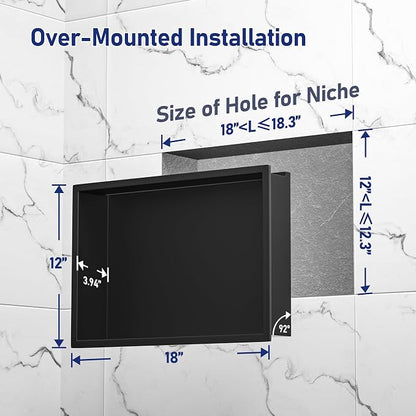 Stainless Steel Led Shower Niche 12" X 18" Matte Black with RGB Light Waterproof Hardwired Dimmable No Tile Needed Recessed Wall Niche Shower for Bathroom Storage Over Mount Installation