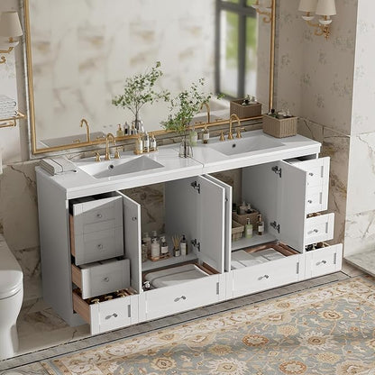 Harper & Bright Designs 72" Bathroom Vanity Set with Double Sink, Vanity Cabinet with 4 Cabinet Doors and 8 Drawers, Modern Design Solid Wood Bathroom Cabinet with Ceramic Basin for Bathroom, White