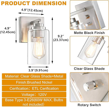 Pia Ricco Wall Sconces Set of 2, Bedside Wall Lamp with Switch for Bedroom, Modern Bathroom Light Fixture with Clear Glass Shade, Brushed Nickel Sconces Wall Lights for Living Room, Hallway, Kitchen