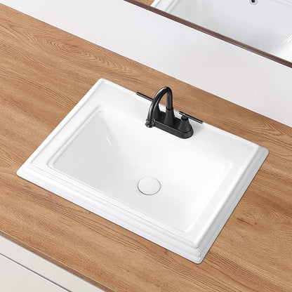 23" Drop-in Bathroom Sink with 4" Centerset 3 Hole Ceramic Basin | 23.2"x18.3", White Premium Porcelain, Self-Rimming Rectangle Design,Semi-recessed for Master Bath, Guest Powder Room Remodel