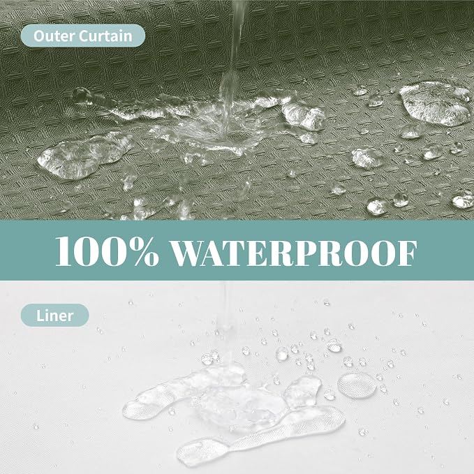 No Hook Waffle Shower Curtain with Snap-in Liner, 60x74 Inch, Sage Green | 230GSM waffle weave fabric, waterproof liner set with 2 bottom magnets, mesh window, washable, for shower stalls or bathrooms