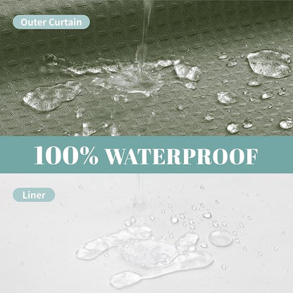 No Hook Waffle Shower Curtain with Snap-in Liner, 60x74 Inch, Sage Green | 230GSM waffle weave fabric, waterproof liner set with 2 bottom magnets, mesh window, washable, for shower stalls or bathrooms